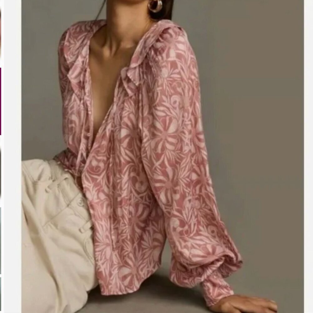 Florence Balducci Anthropologie Femme Blouse Collared Long Sleeve Top Pink Large - Picture 4 of 13